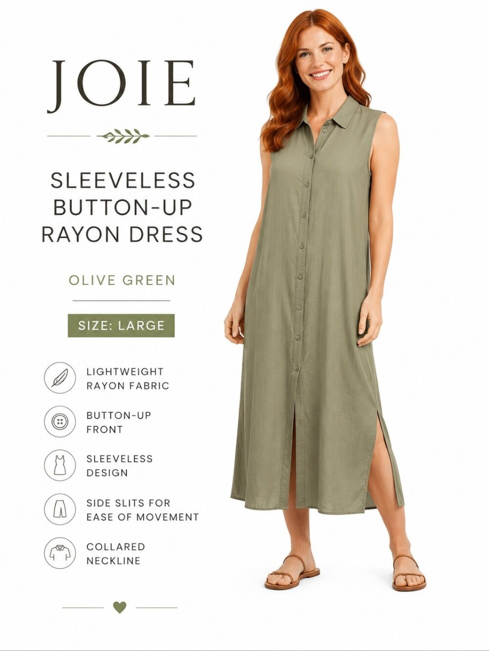 Joie Women's Sleeveless Olive Green Button-Up Rayon Dress Size Large